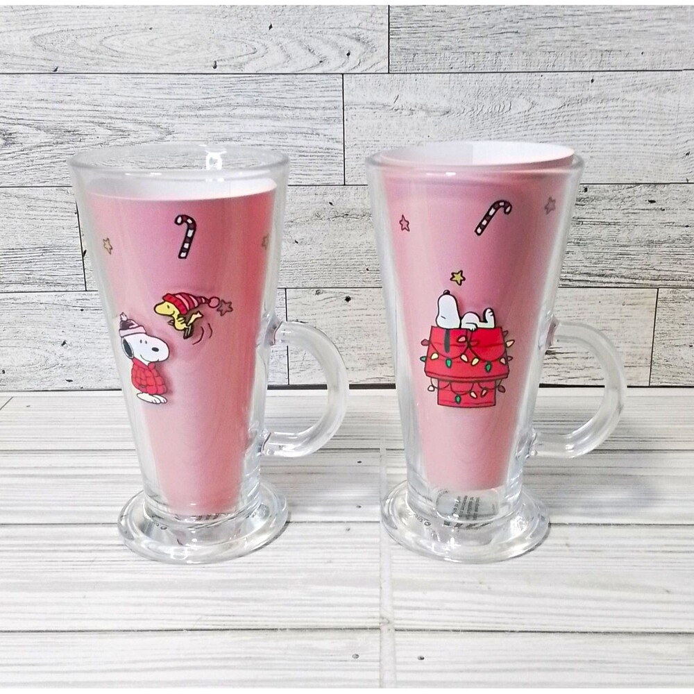 Modern Gourmet Foods Peanuts Snoopy Woodstock Christmas Painted Glass Mugs 2pc